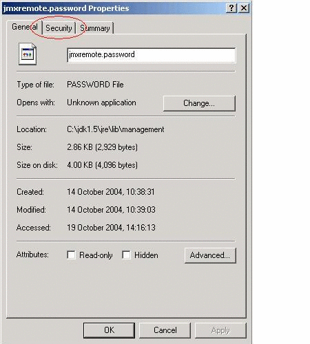 Displaying the  jmxremote.password file's security properties